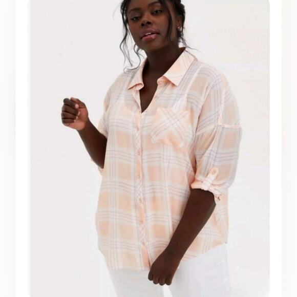 🚨NEW TORRID Lindsay Orange Plaid Button Down Shirt Sheer Lightweight Plus Sz 3X - Picture 1 of 11